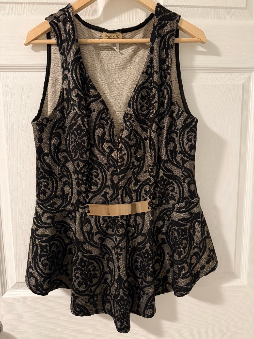 Janette Plus 3XL Black & Taupe Brocade Peplum Sleeveless Top